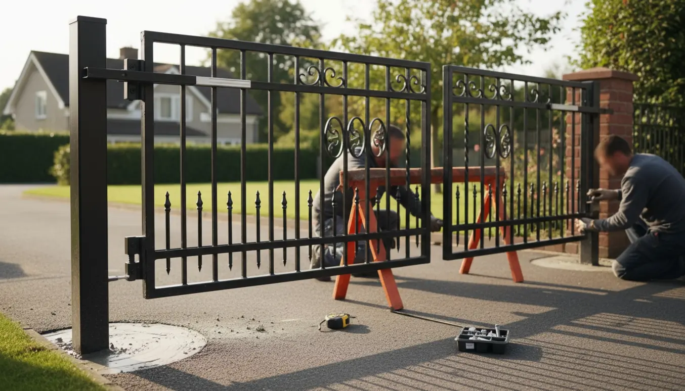 Montering af en sort smedejernslåge ved indkørsel med værktøj og to matchende lågepaneler.