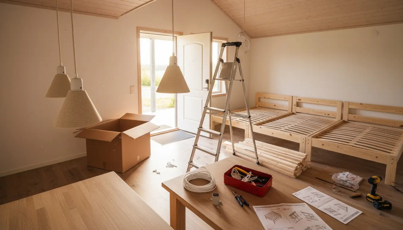 Sommerhusinteriør med leveringskasse, værktøj, delvist samlede dobbeltsenge og to pendler under kiploftet.
