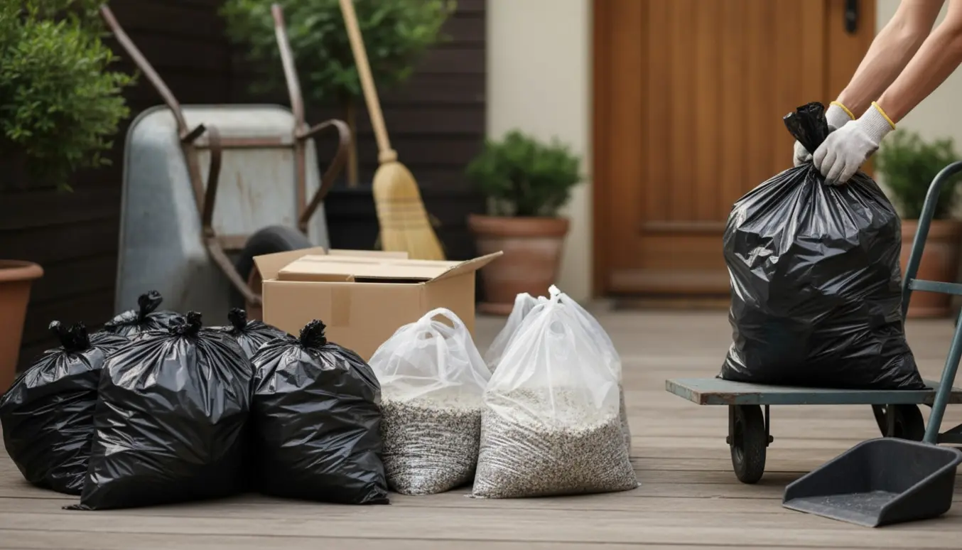 Sække med husholdningsaffald, pap og poser med brugt kattegrus på en træterrasse klar til afhentning.