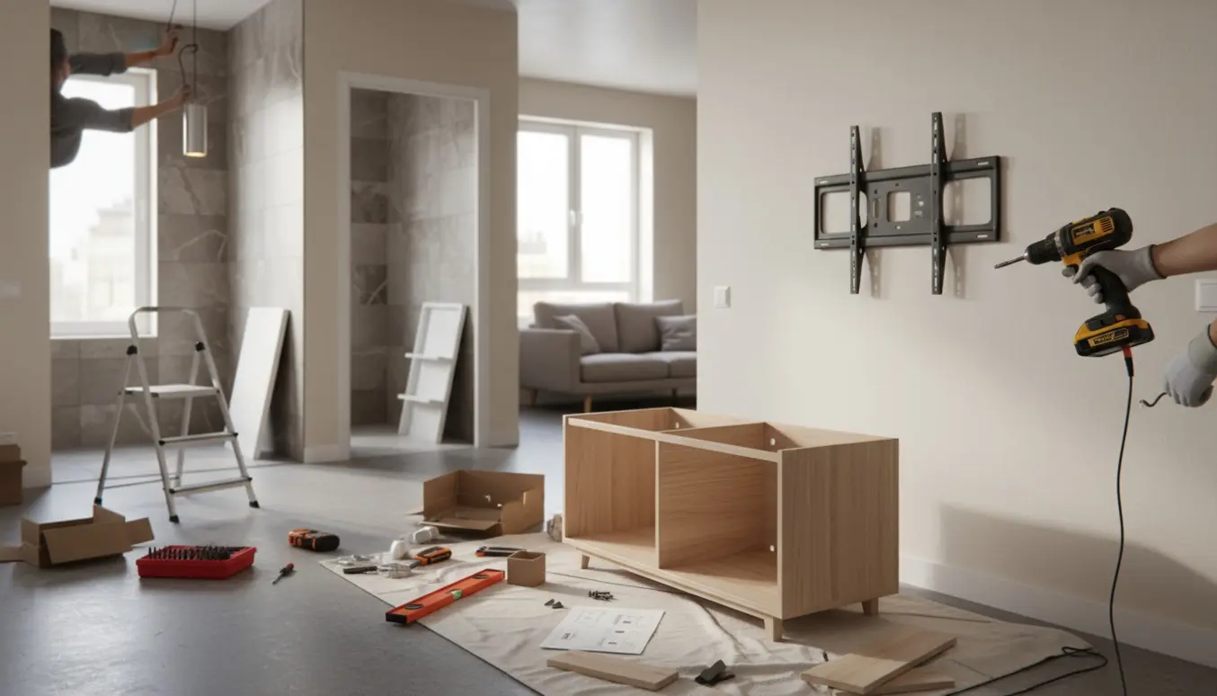 Hænder monterer TV og samler et lille skab i en lys lejlighed med værktøj og en hylde klar til udskiftning.