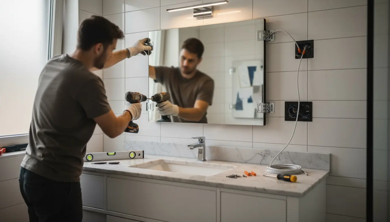 Hænder monterer et 80×60 cm spejl over en badeværelsesvask, mens elektriske ledninger tilsluttes.
