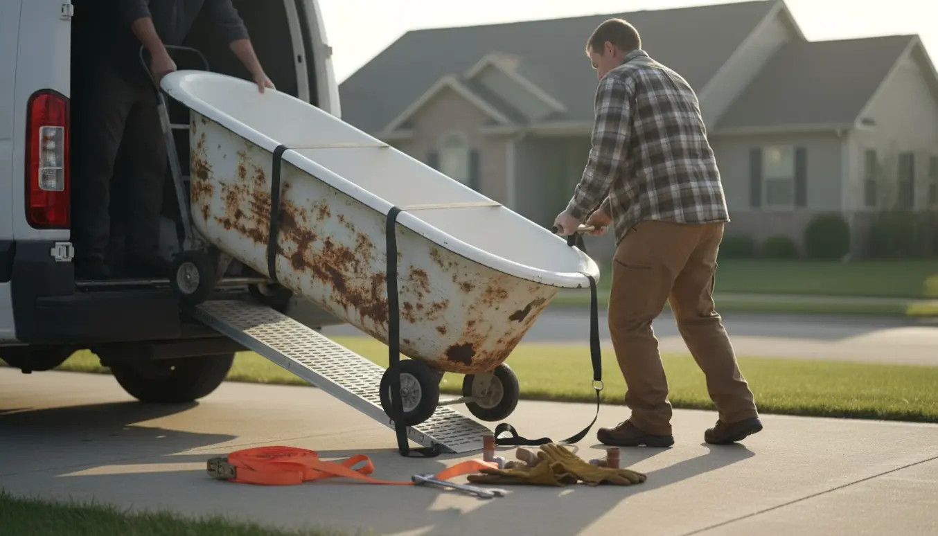 Et gammelt emaljeret badekar bliver løftet ind i en varebil på indkørslen klar til genbrugsstationen.