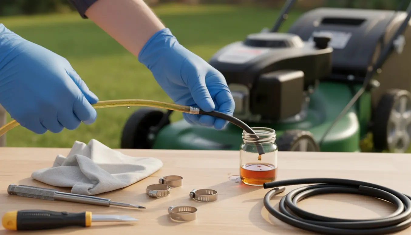 Handskeklædte hænder udskifter en dryppende benzinslange på en plæneklipper med værktøj og en lille beholder til benzin.