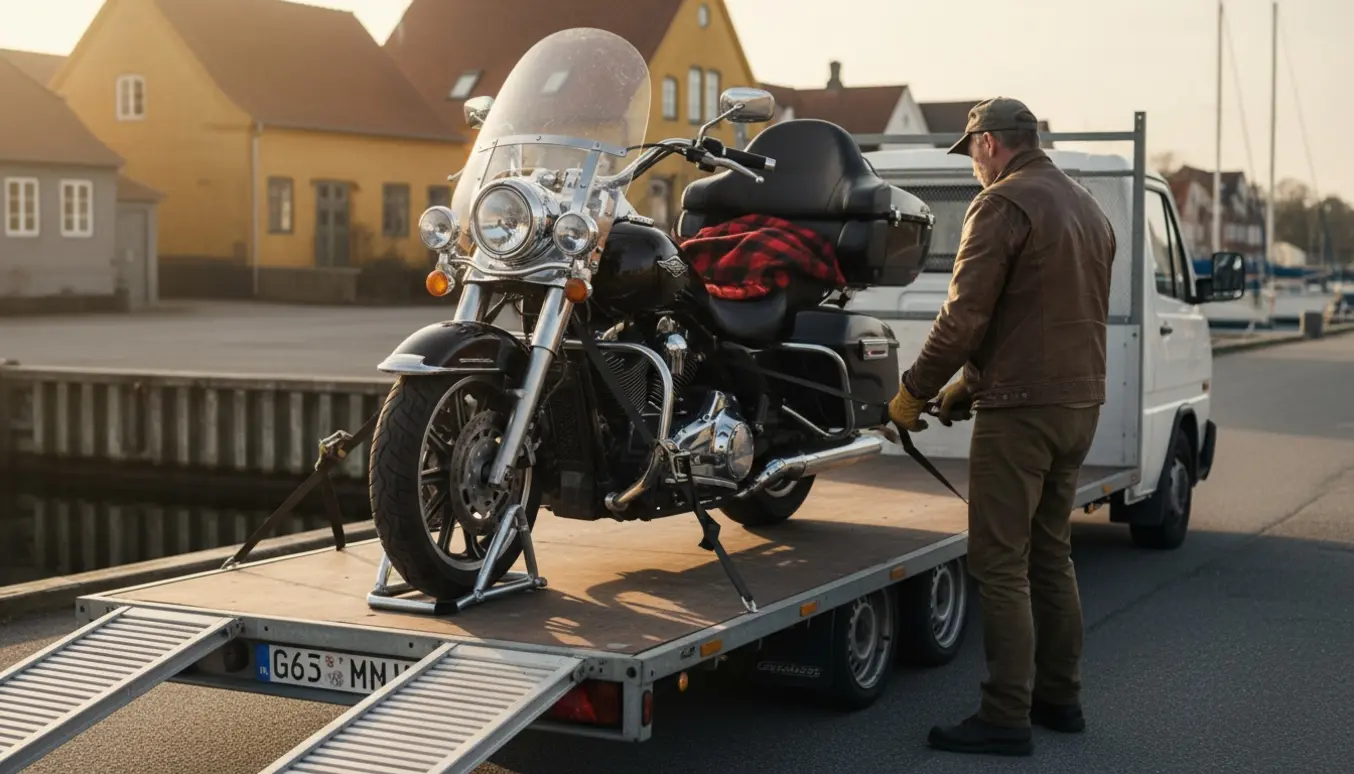 En motorcykel sikret med spændebånd på en fladvogn ved et dansk havneområde, klar til transport.