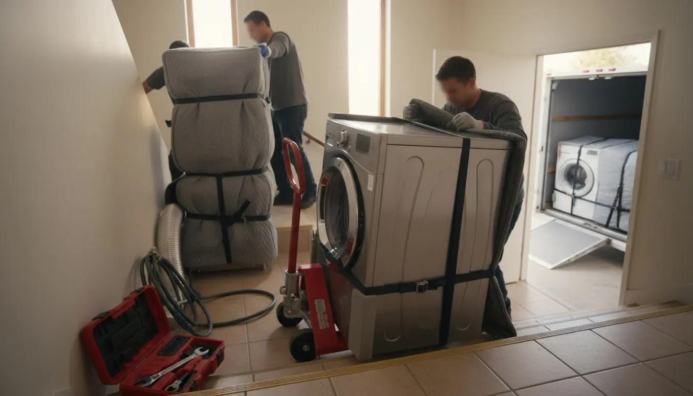 Flytning af vaskemaskine og tørretumbler i en smal trappeopgang med dolly, remme og værktøj.