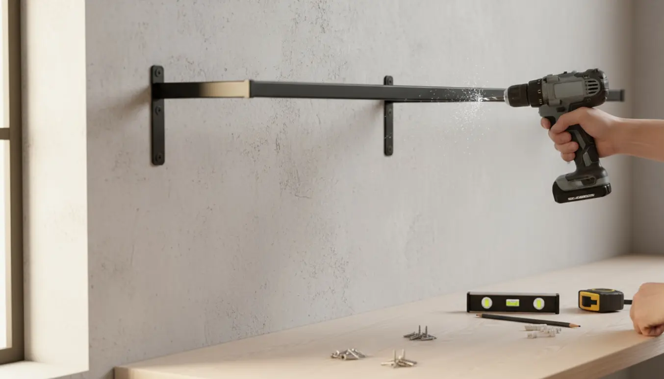 To tøjstativer monteres på en væg med en boremaskine, kun hænder og værktøj er synlige.