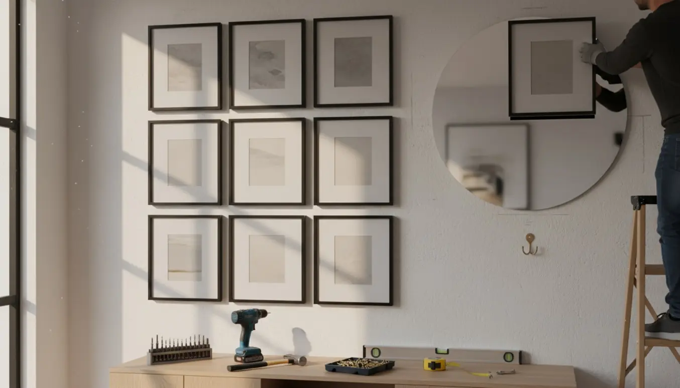 En person set bagfra hænger ni indrammede malerier og et rundt spejl op på en lys væg med værktøj i forgrunden.