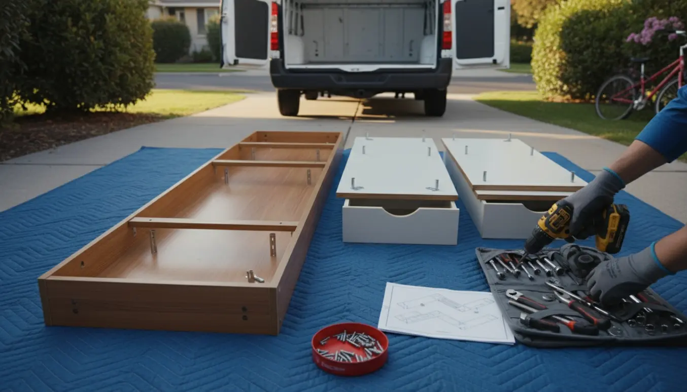 Delvist adskilt reol på flyttepude ved åben kassevogn, håndværktøj og hylder klar til afhentning.