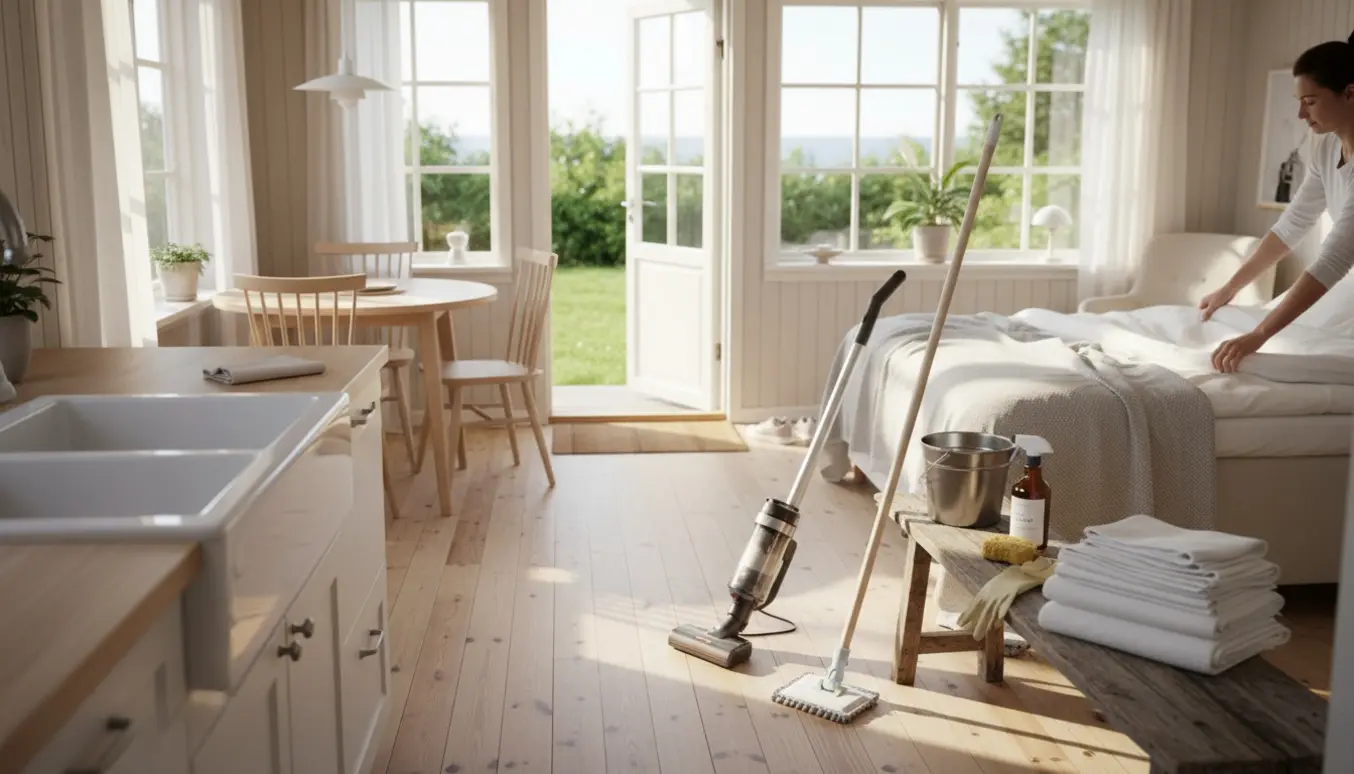Indendørsbillede af et sommerhus under rengøring med rengøringsudstyr, nyvasket seng og åbent vindue til haven.