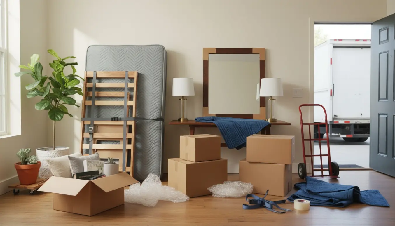 Møbler og flyttekasser i en lys lejlighed klar til flytning med skilt seng, skrivebord, spejl, lamper og planter.