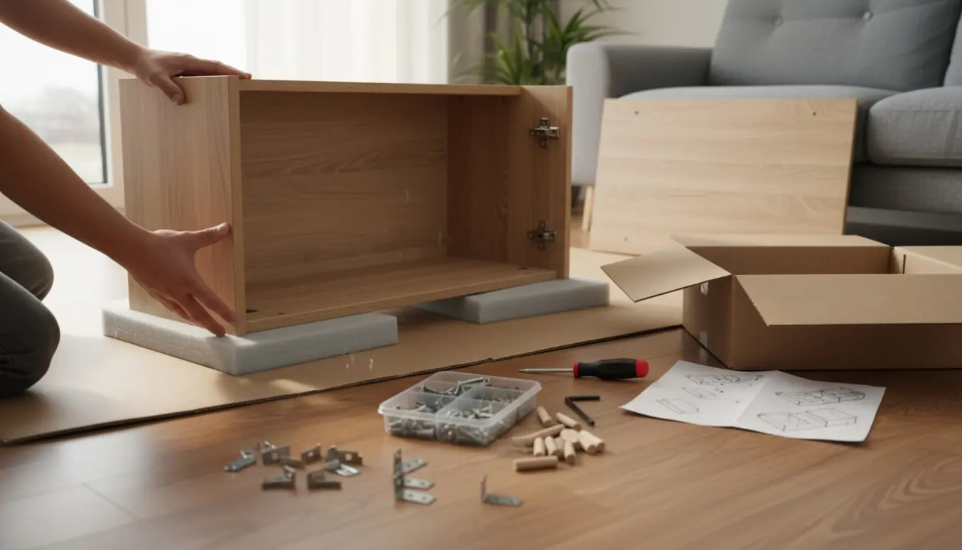 Hænder samler en lille fladpakket skænk i lyst træ på stuegulvet.