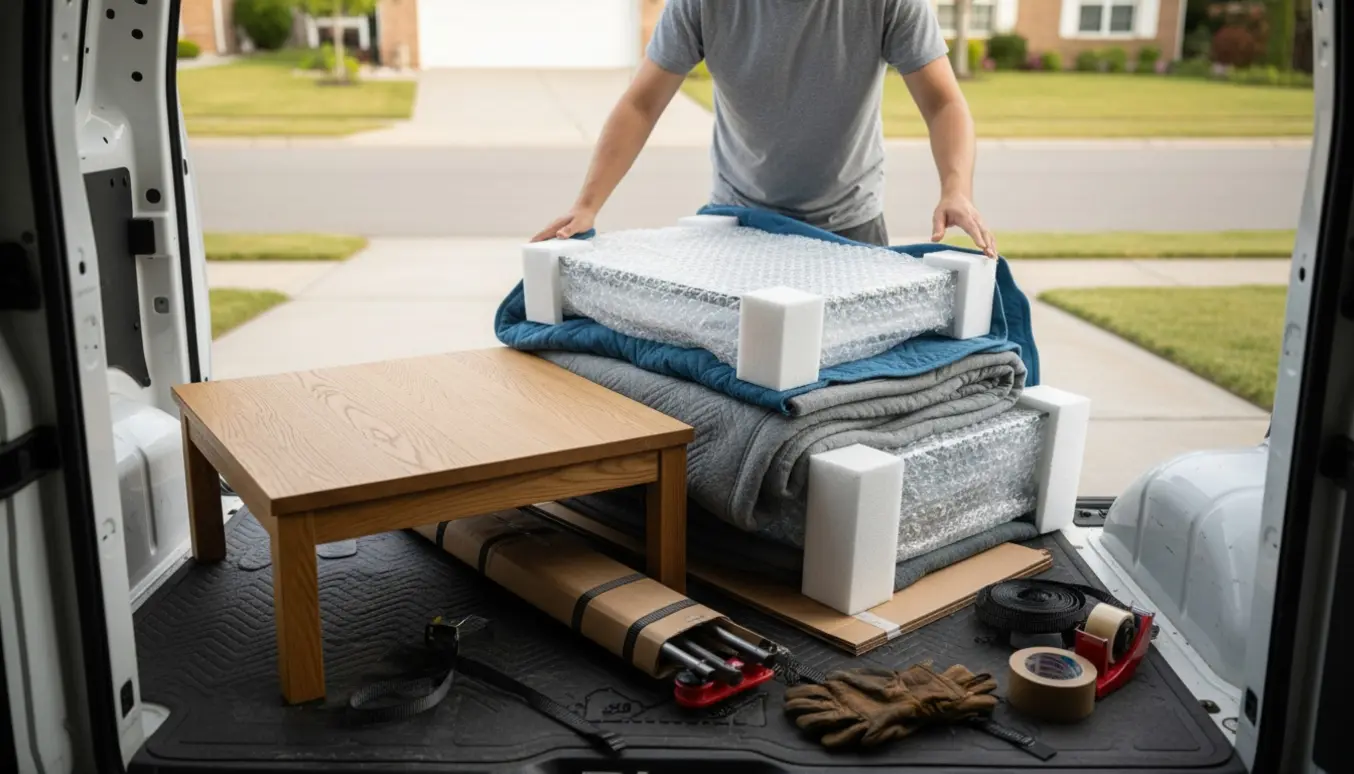 Tre små borde pakkes og læsses i en varevogn, hvor det skrøbelige bord er indpakket i bobleplast.