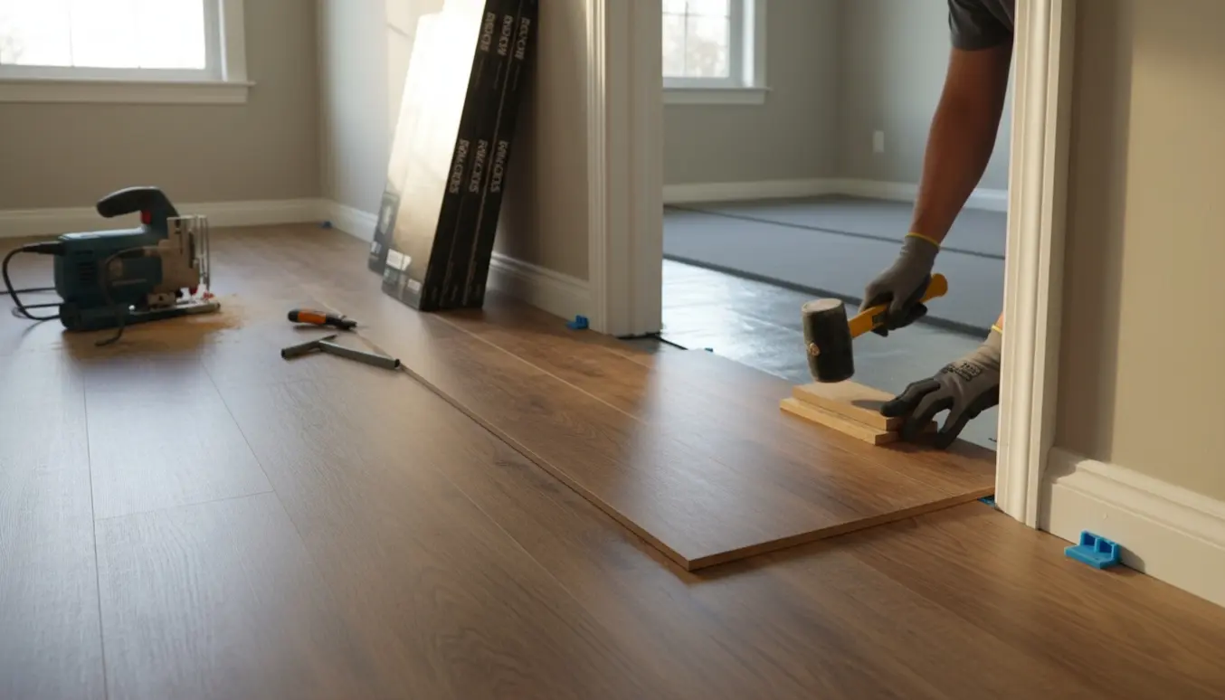 Midt i lægning af laminatgulv i korridor og tilstødende værelser med synlig dampspærre, underlag og genbrugte fodlister.