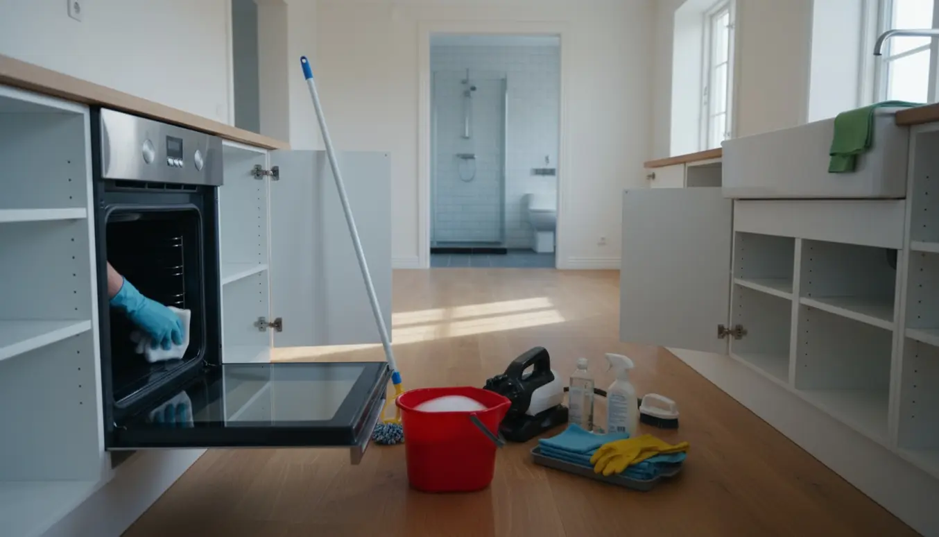 Tomt hus under slutrengøring med handske-klædte hænder ved åben ovn, moppe, støvsuger og rengøringsmidler.