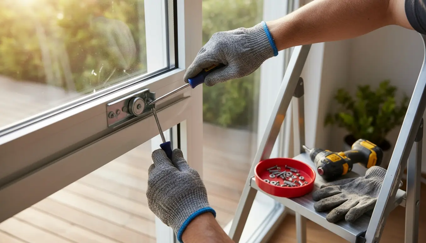 Nærbillede af hænder på stige, der skruer en ny skrue i skydedørsens ophæng, mens døren sidder let ude af skinnen.