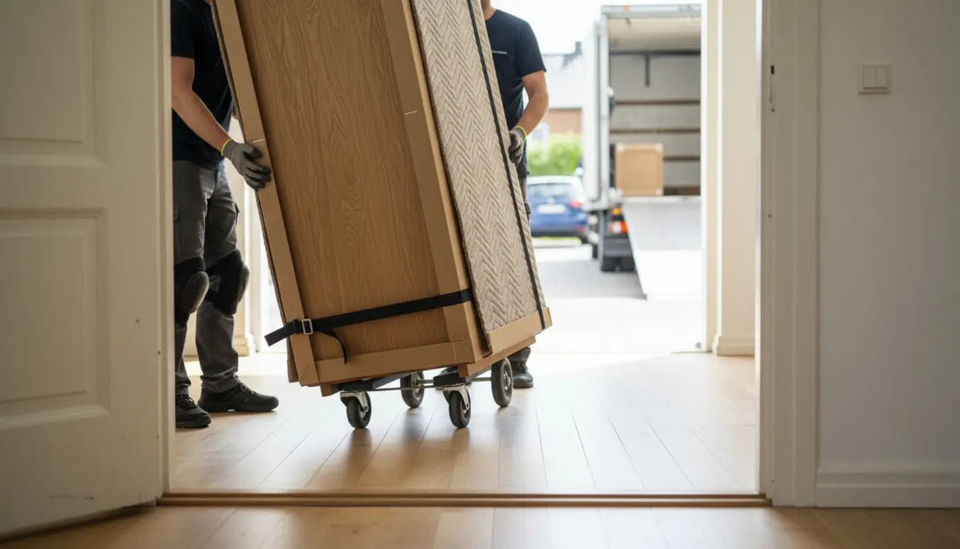Et træklædeskab dækket af flytteudstyr trækkes ud af en lys lejlighed mod en åben flyttebil.