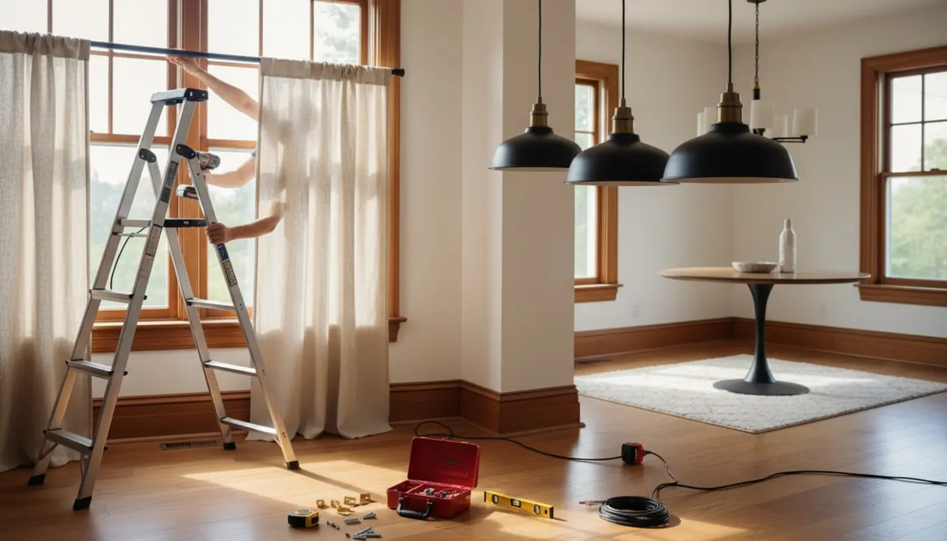 Hænder på en stige monterer fem gardinpaneler og tre pendellamper i en lys stue.