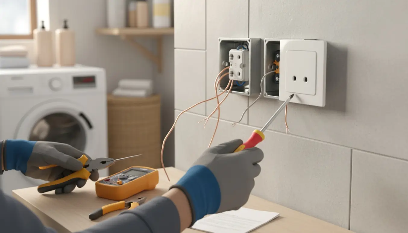 Hænder monterer to indendørs stikkontakter i et lyst bryggers med værktøj på en bænk.