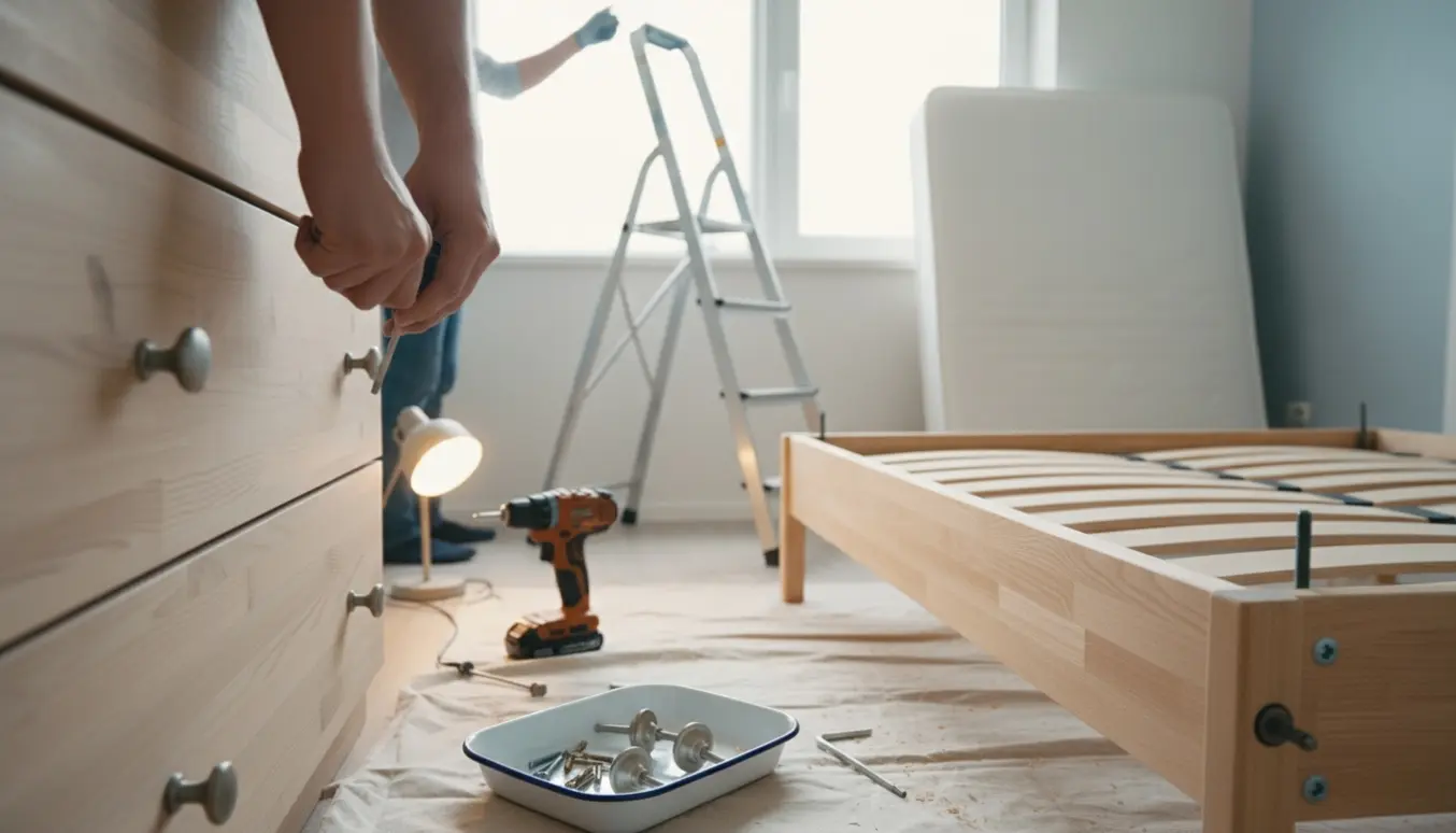 Hænder strammer et løst håndtag, tre nye greb på en bakke og en delvist samlet seng i et lyst værelse.