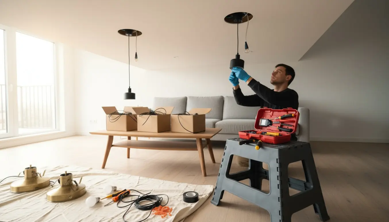 Hænder installerer nye loftlamper i en stue med to tomme loftudtag og grundlæggende værktøj på en skammel.