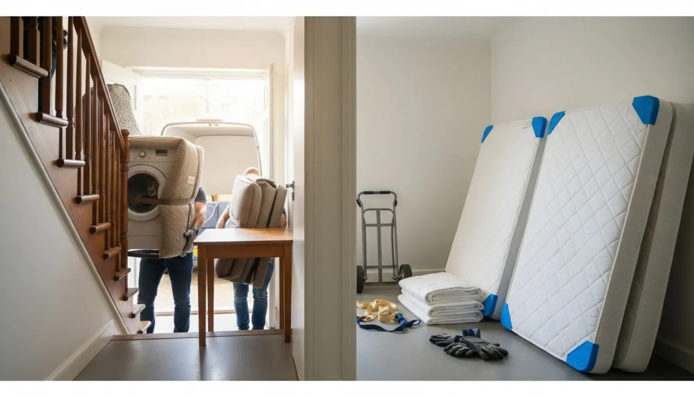 Flyttefolk bærer vaskemaskine og møbler ned ad trappen, mens sengestel og dobbelmadrasser står i stueetagen.