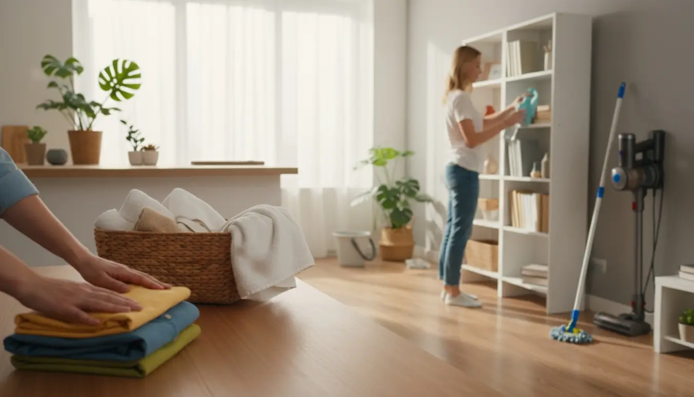 Hænder folder nyvasket tøj ved et bord foran et nymoppet gulv og rengøringsudstyr i et lyst stuehjørne.