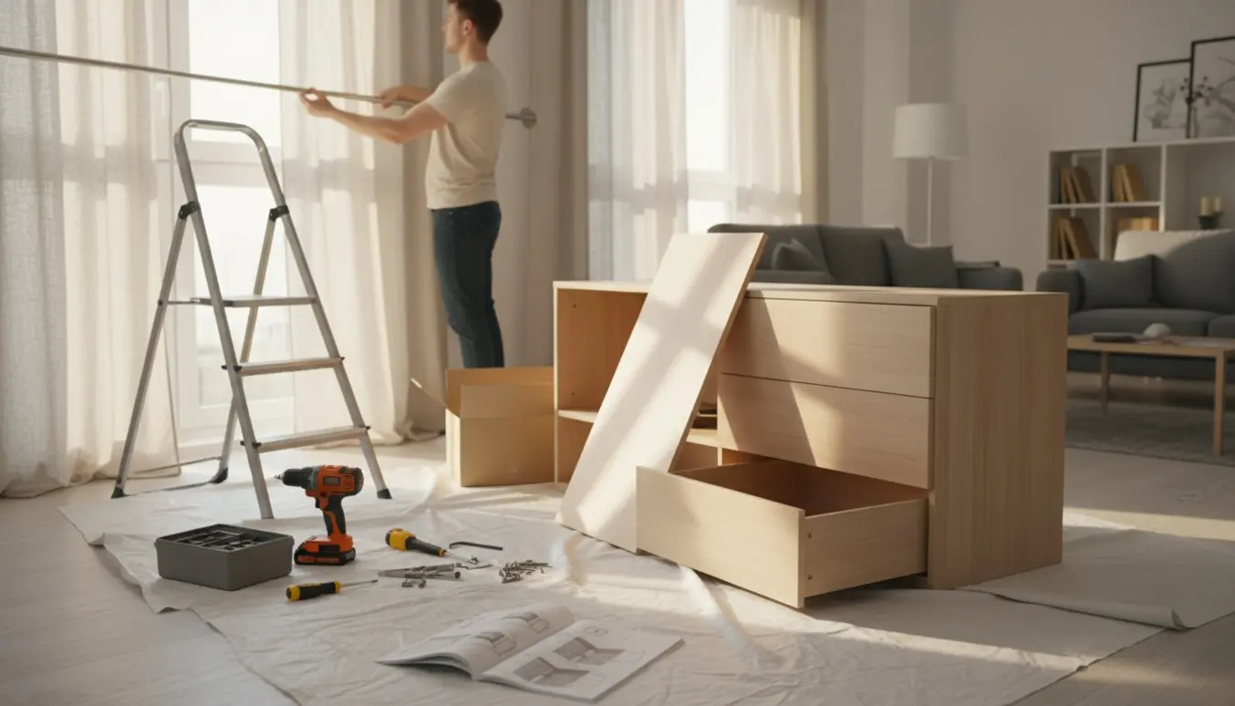 En person hænger gardiner op og samler nyt møbel med værktøj spredt på gulvet.