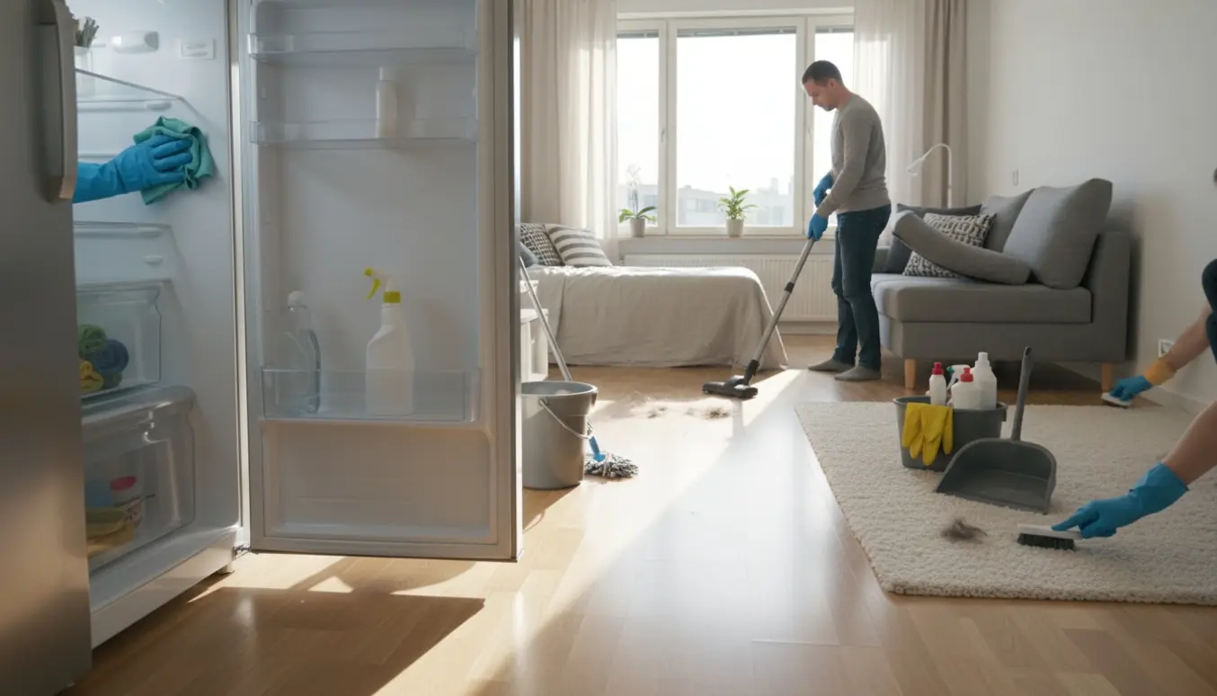 Dybt rengjort 50 m² lejlighed om morgenen med rengøringsudstyr og en person i gang set bagfra.