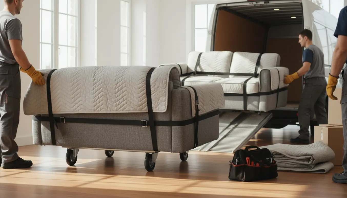 En 3-personers og en 2-personers sofa pakkes og bæres ud af en lys stue mod en flyttevogn.