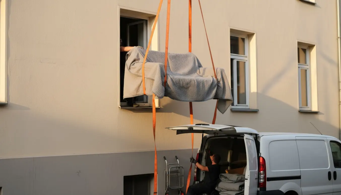 En 1,5-personers sofa indpakket i flyttetæppe sænkes forsigtigt ud af en 4. sal gennem et åbent vindue mod en ventende varevogn.