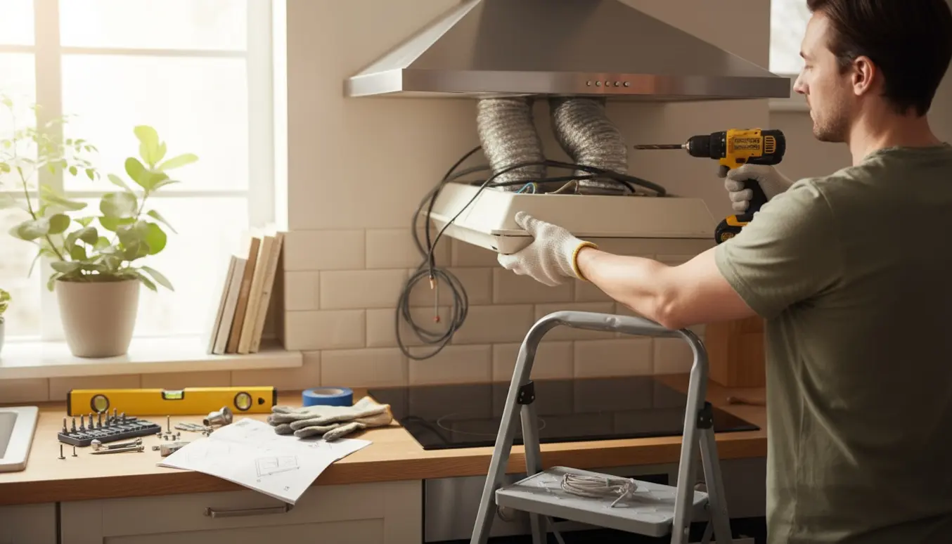 Hænder på en stige afmonterer en gammel emhætte og monterer en ny i et lyst køkken.