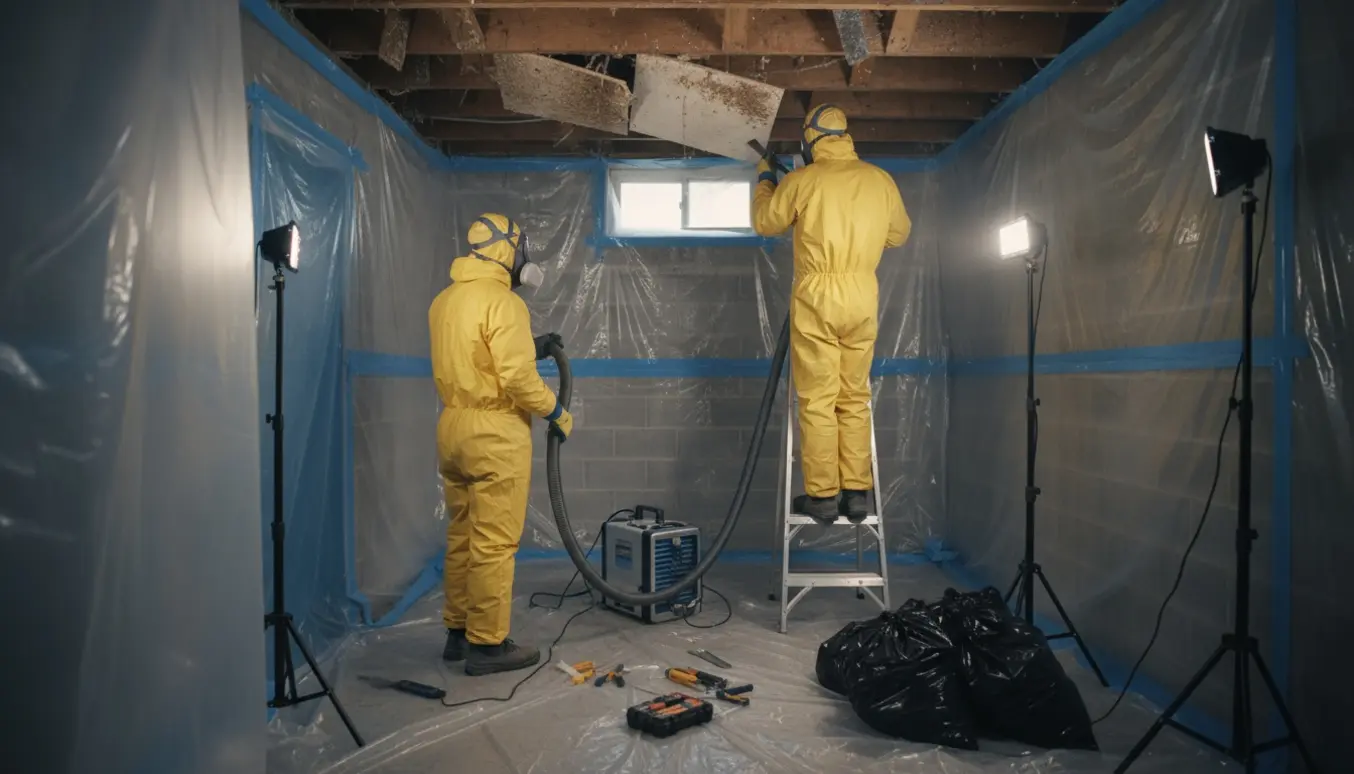 Fagfolk i beskyttelsesudstyr fjerner loftsplader i en kælder med plastinddækning og HEPA-filtrering.