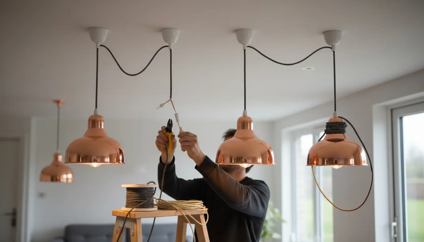 Fire kobberpendler under montering, to får nye stofledninger mens værktøj og hænder er i fokus.