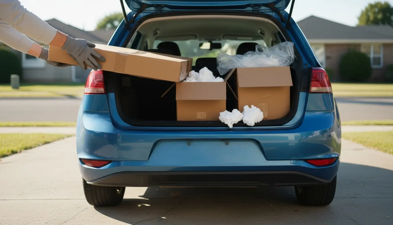 Hatchback med sammenfoldet tv-papkasse, flamingo-emballage og plastikplader i bagagerummet, mens hænder læsser det ind.