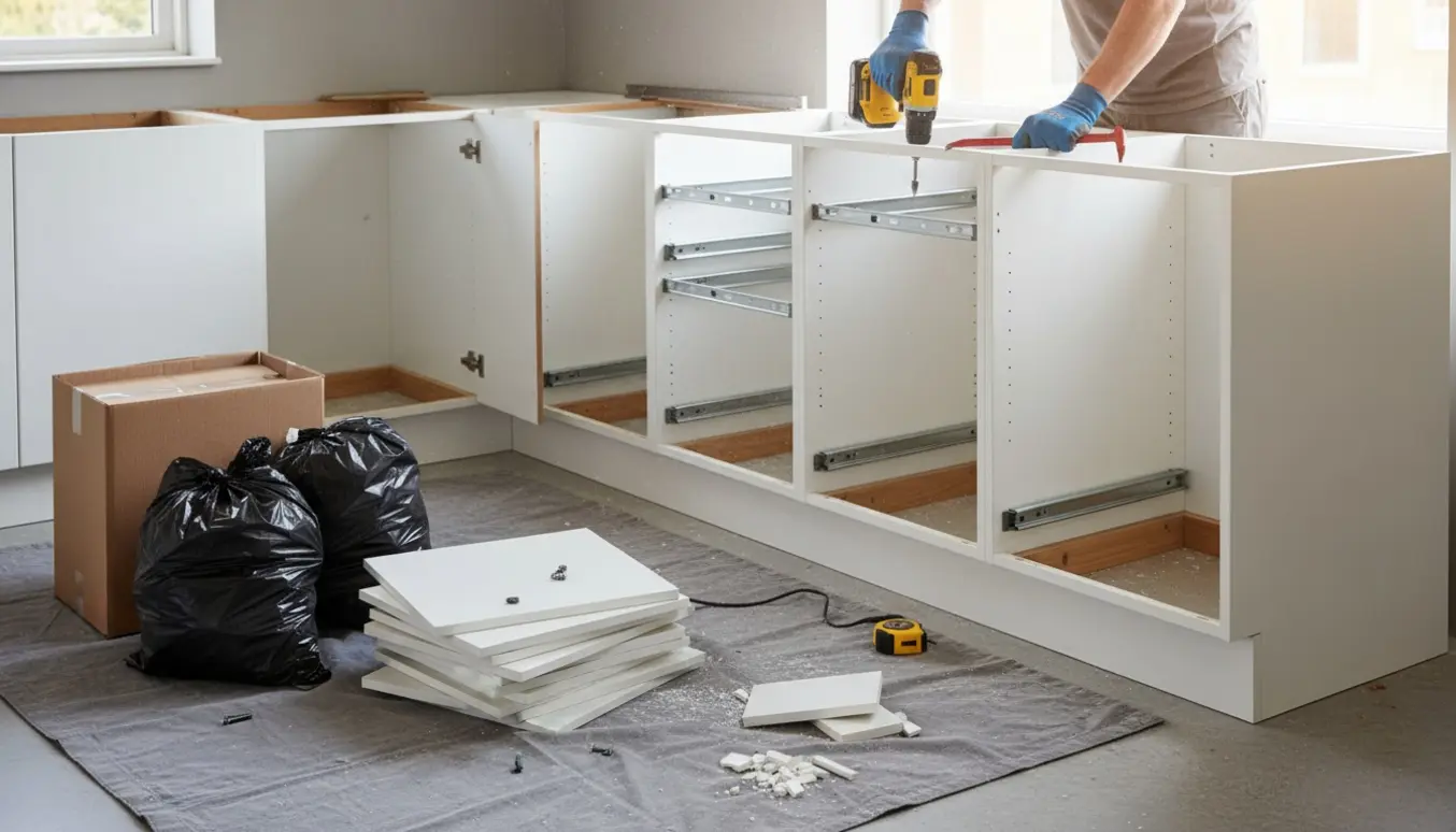 IKEA-køkken under nedrivning med åbne skabskarrosserier, stakke af fjernede låger og værktøj klar til bortskaffelse.