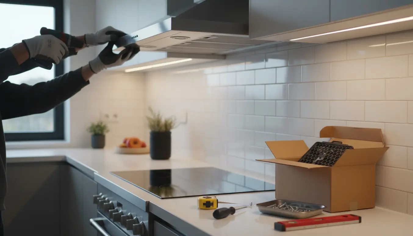 Montering af rustfri emhætte med kulfilter i et moderne køkken, kun hænder synlige.