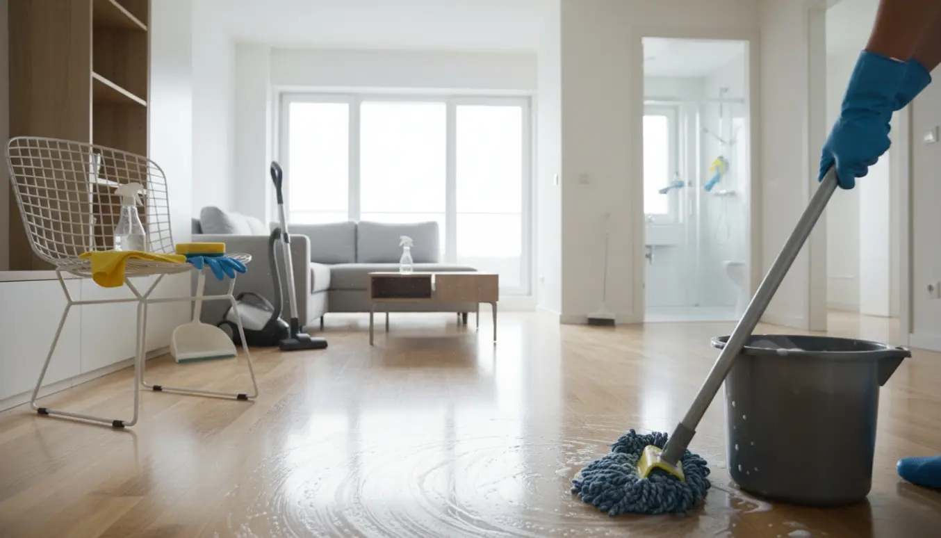 Lyst, rummeligt hjem hvor rengøring er i gang med gulvvask, støvsugning og aftørring af badeværelse.