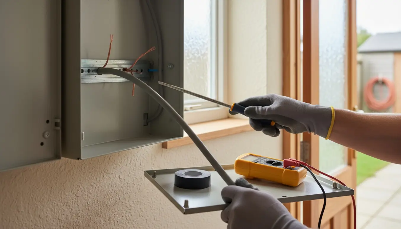 Hænder i handsker tilslutter en ny el-ledning til husets åbne el-tavle i et lyst teknikrum.