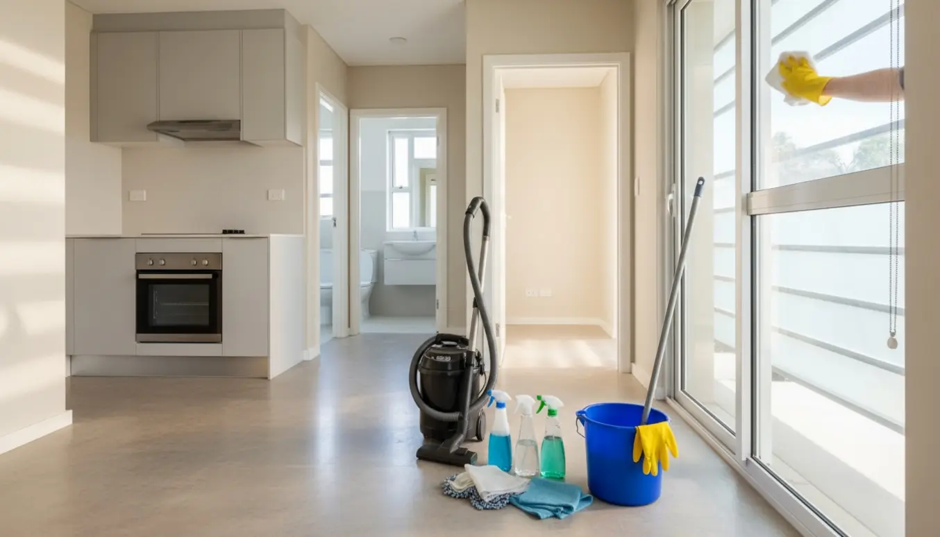 Tom, nyligt rengjort lejlighed med køkken, badeværelse og rengøringsudstyr i dagslys.