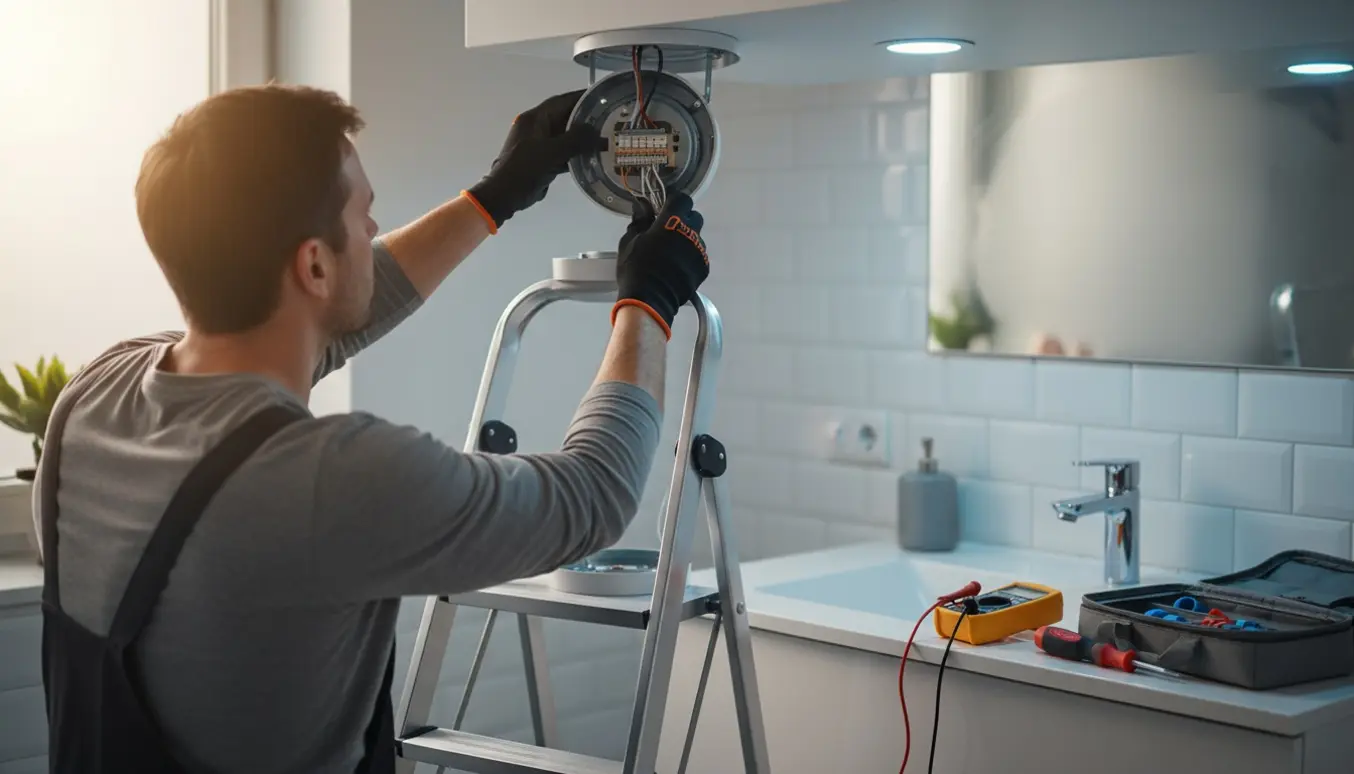 Elektriker reparerer et indbygget loftsspot i et lyst badeværelse med værktøj på en stige.