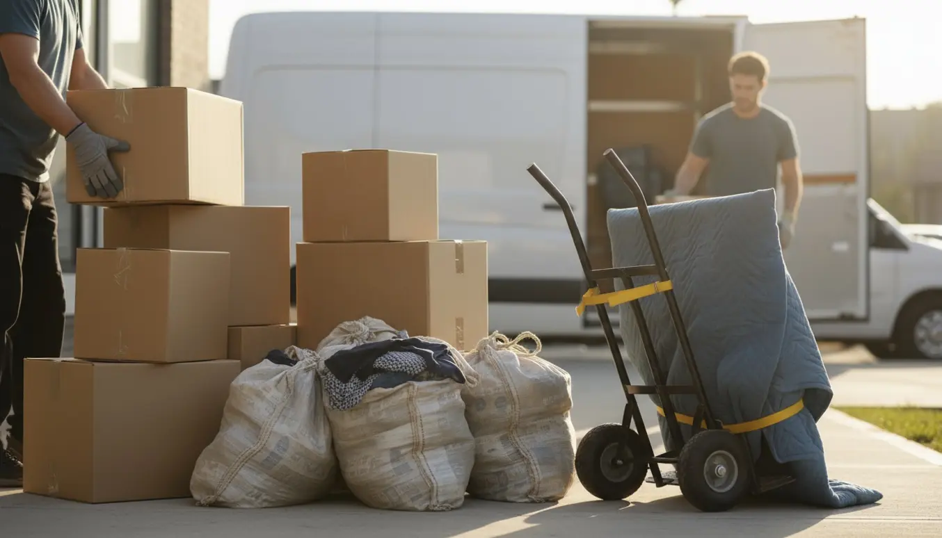 Stakke med papkasser, fyldte sækkeposer og en indpakket fladskærm ved indgangen til en lejlighed under en flytning.