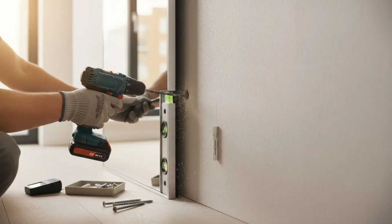 Håndværker hænger et tungt spejl op på en gipsvæg med rawlplugs og boremaskine.