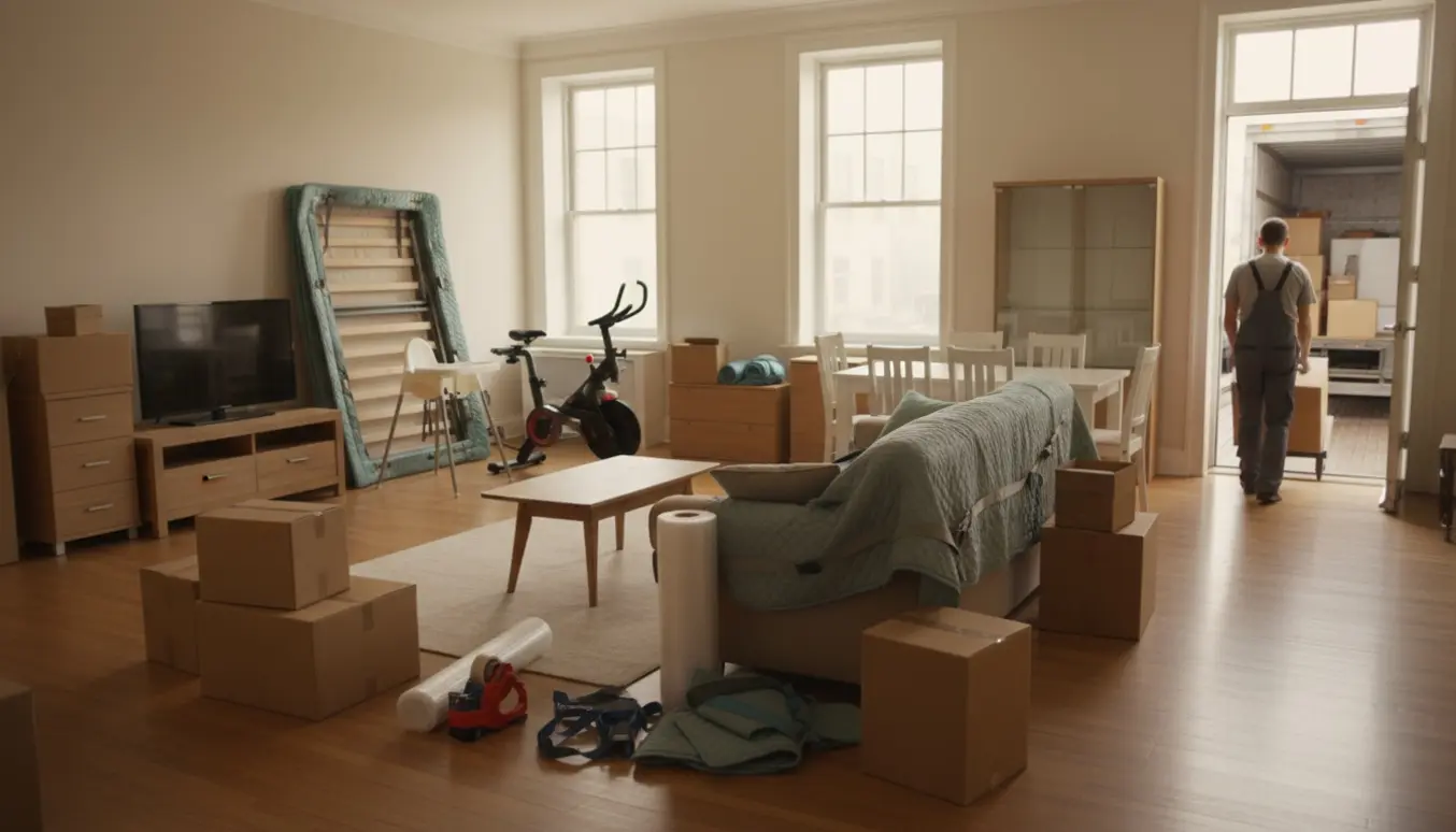 Lys stue klar til flytning med pakkede flyttekasser, møbler dækket af beskyttelsestæpper og en tralle på vej mod flyttebilen.