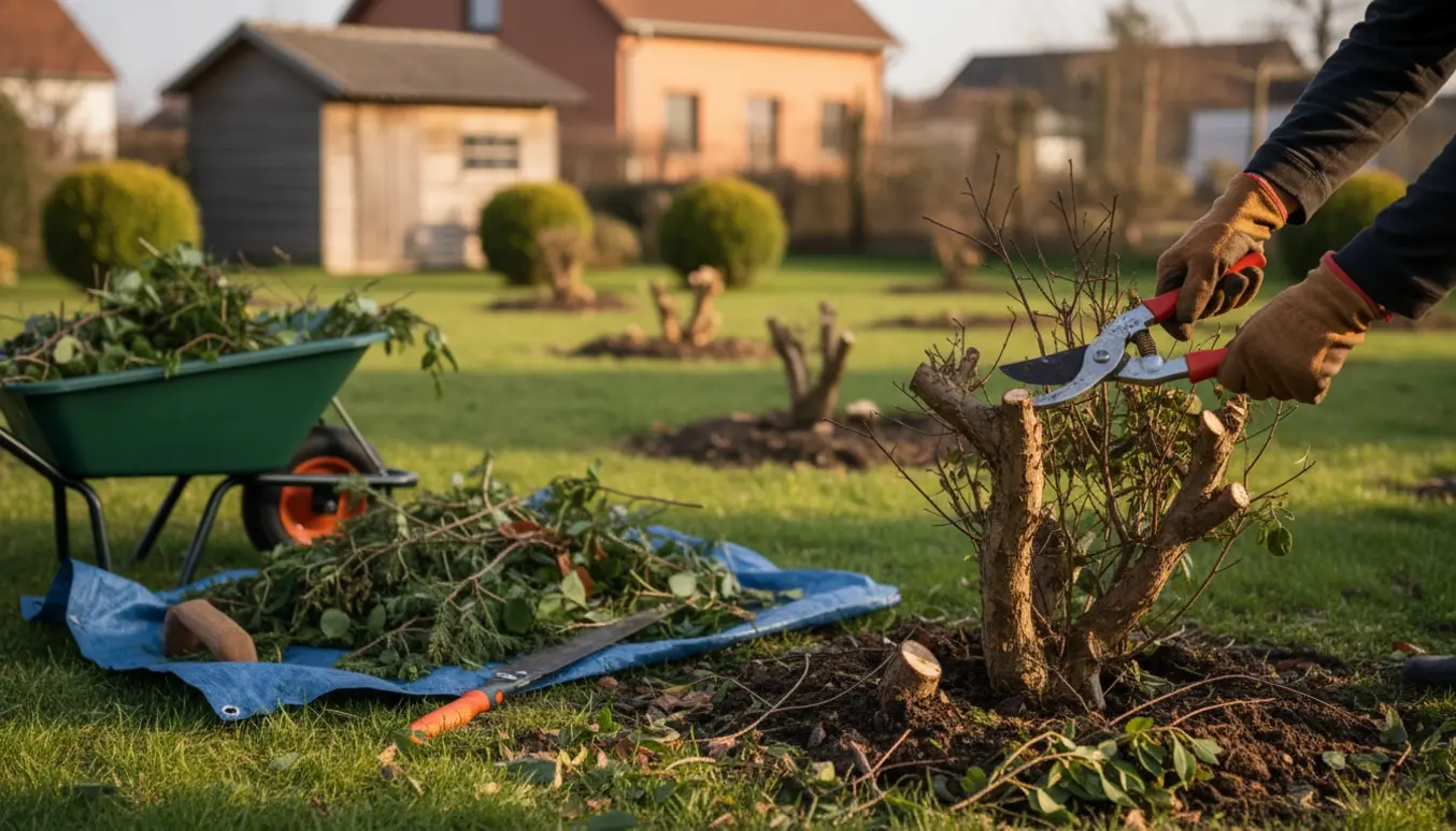Hænder i arbejdshandsker beskærer og fjerner buske i en have med trillebør og bunker af afskårne grene.
