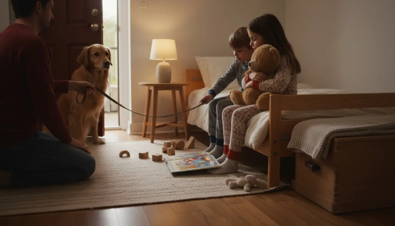En voksen putter to skolebørn i en hyggelig stue om aftenen, mens en hund venter ved døren.