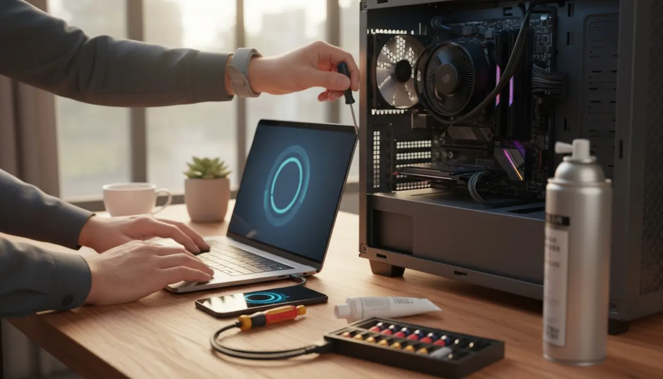 Hænder arbejder på en åben pc og en bærbar med en scanningsanimation, omgivet af værktøj til opdatering og virusrens.