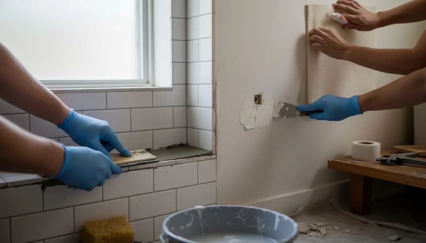 Nærbillede af hænder, der udskifter fuger i en bruseniche og lapper et lille hul i badeværelsesvæggen.