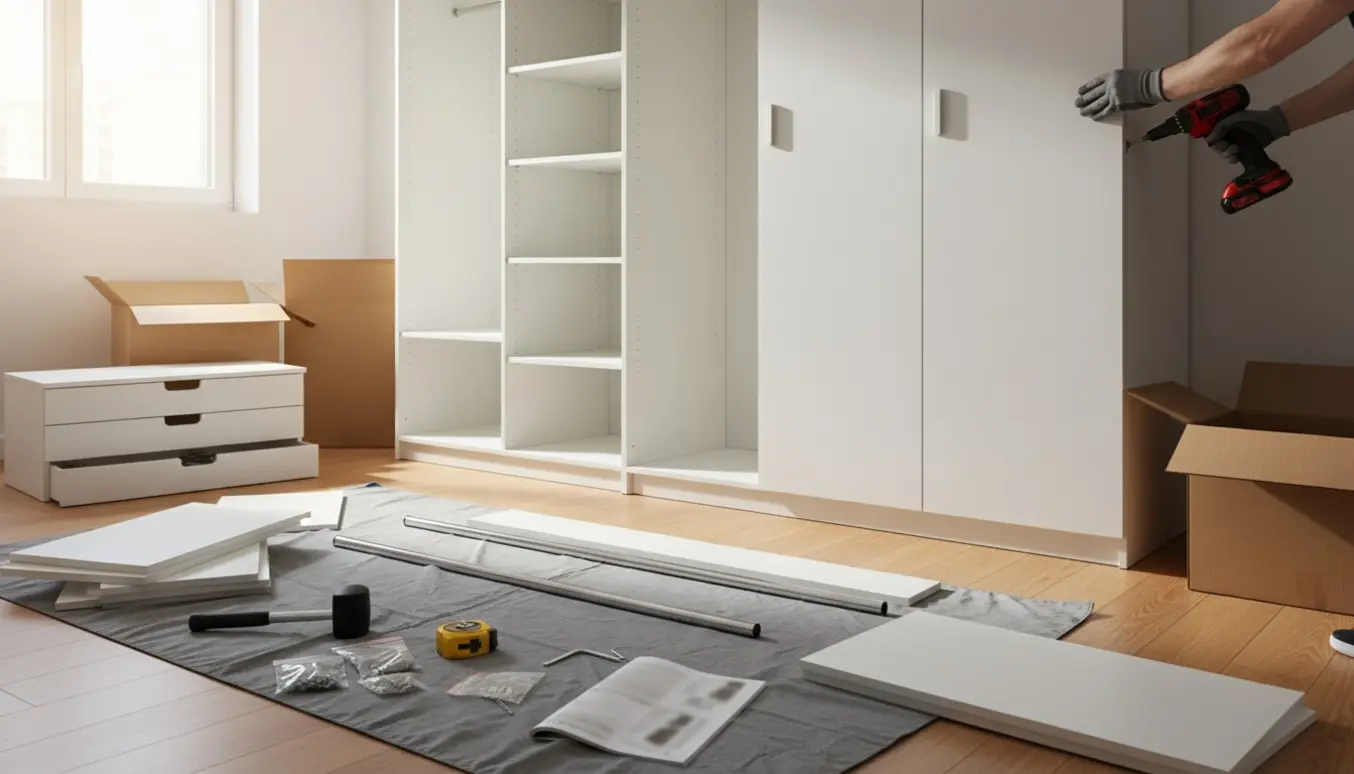 Hænder samler et seks-fløjet fladtpakket garderobeskab i et lyst rum med værktøj og dele spredt omkring.