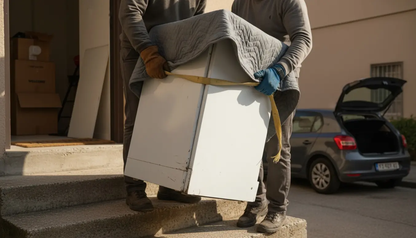 Opvaskemaskine bæres ned ad ti trappetrin fra en høj stuelejlighed mod en åben bil på gaden.