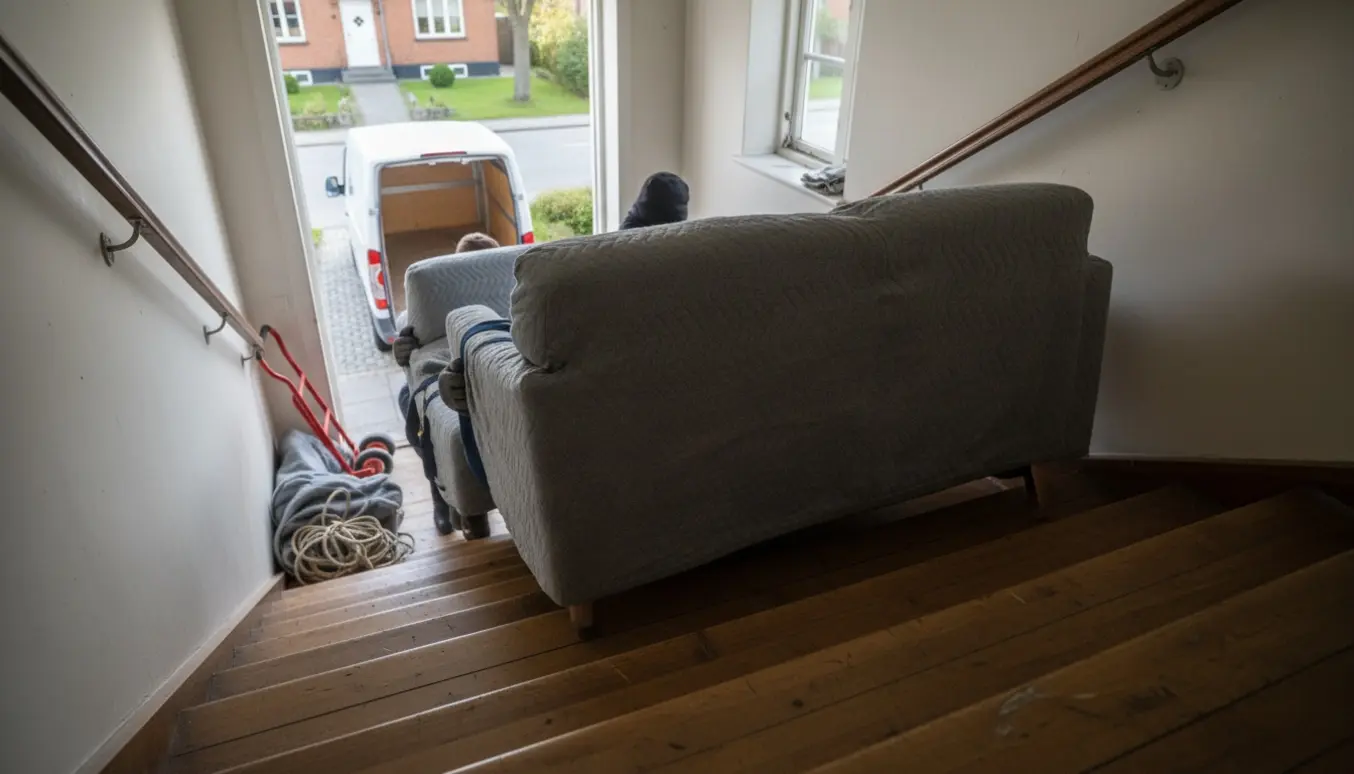 To-delt sofa bæres ned ad en trappe og læsses ind i en flyttevogn foran et rødt murstenshus i Herlev.